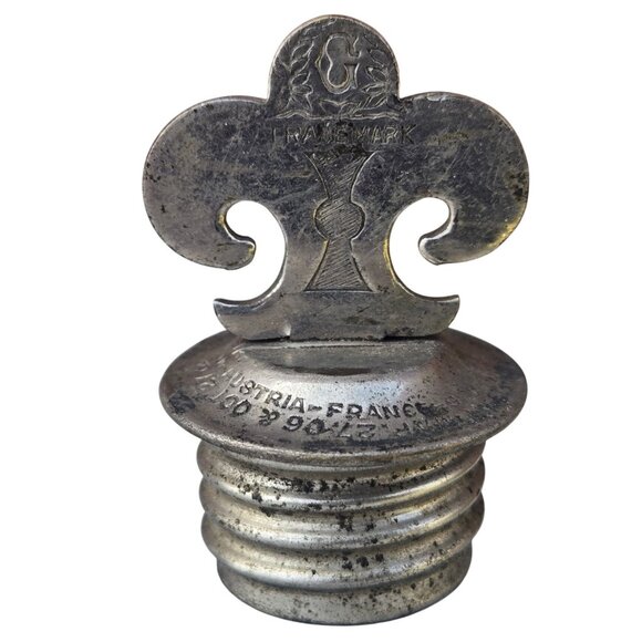 Vintage Fleur De Lis Metal Bottle Stopper Canteen Water Bag Cap Antique Schrader - Picture 11 of 16